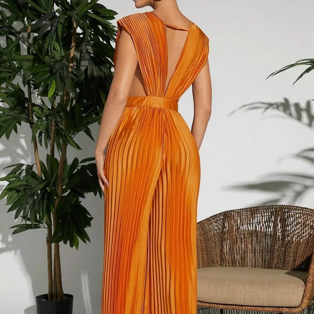 Plunging Neck Pleated Wide Leg Satin Jumpsuit Orange - Picture 5 of 5